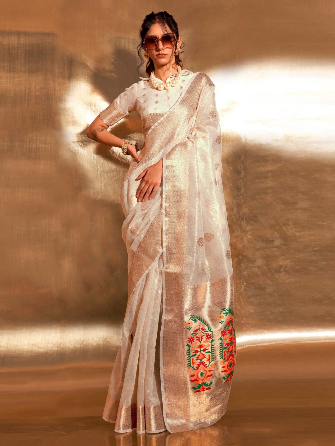 

Mitera Woven Design Zari Tissue Banarasi Saree, Cream