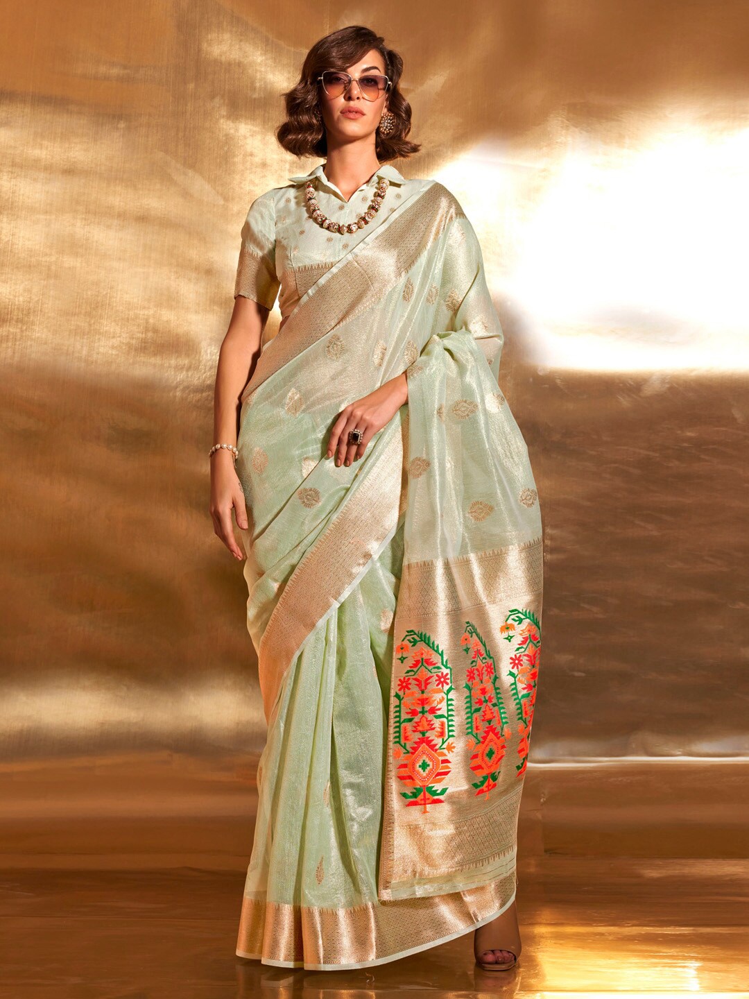 

Mitera Ethnic Motifs Zari Tissue Banarasi Saree, Sea green