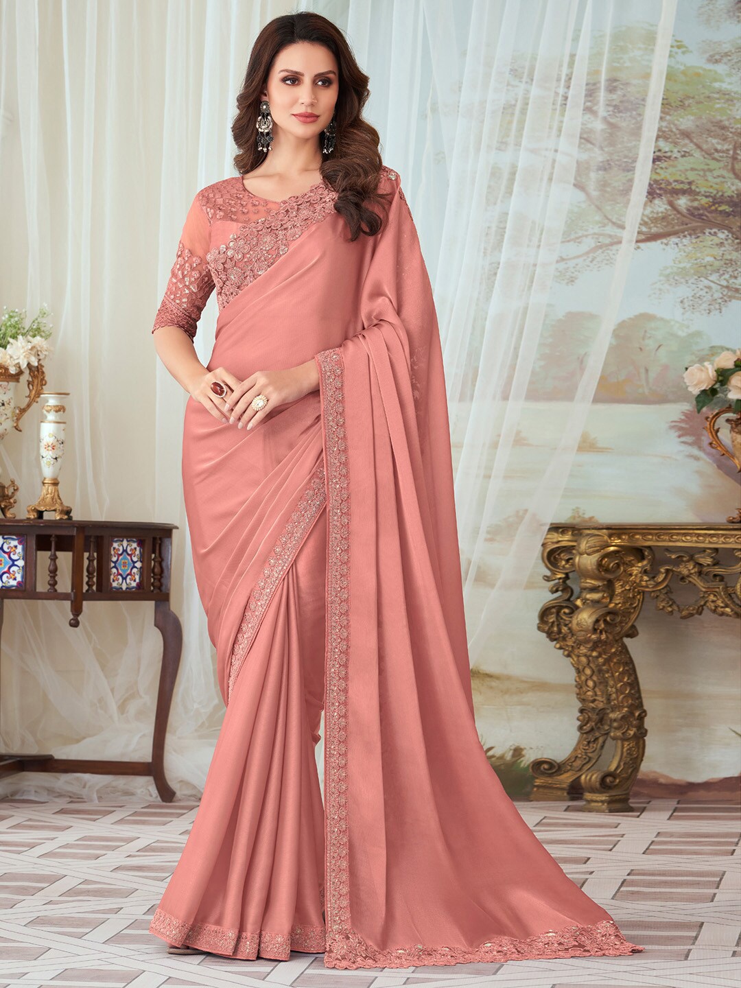 

Mitera Ethnic Embellished Saree, Peach