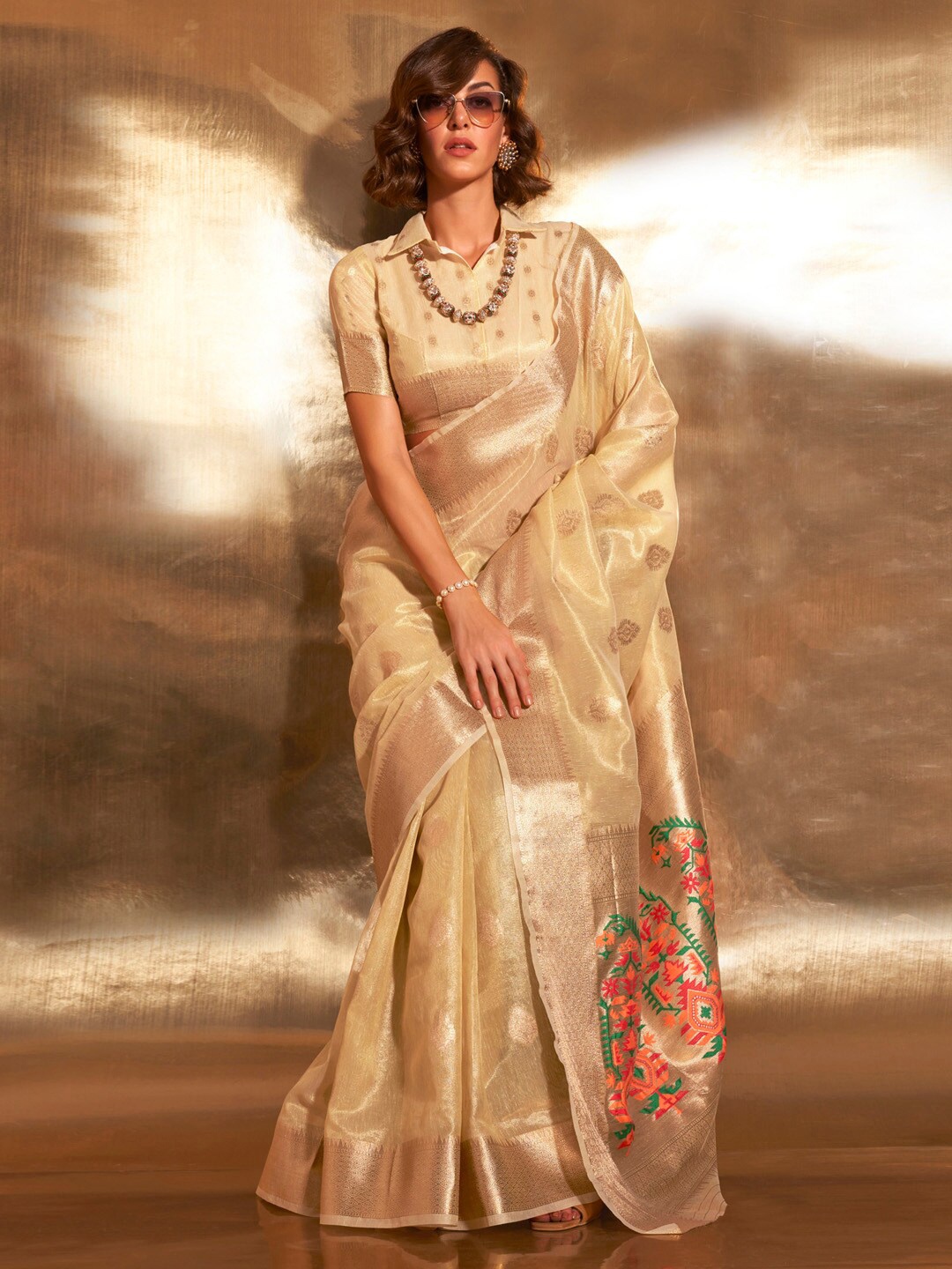 

Mitera Woven Design Zari Tissue Banarasi Saree, Yellow