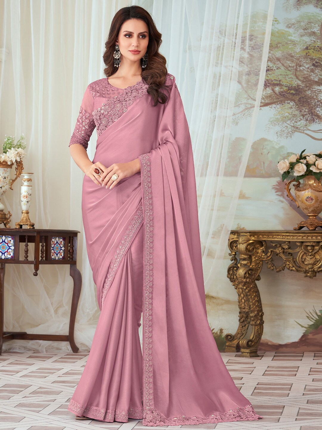 

Mitera Ethnic Embellished Saree, Mauve