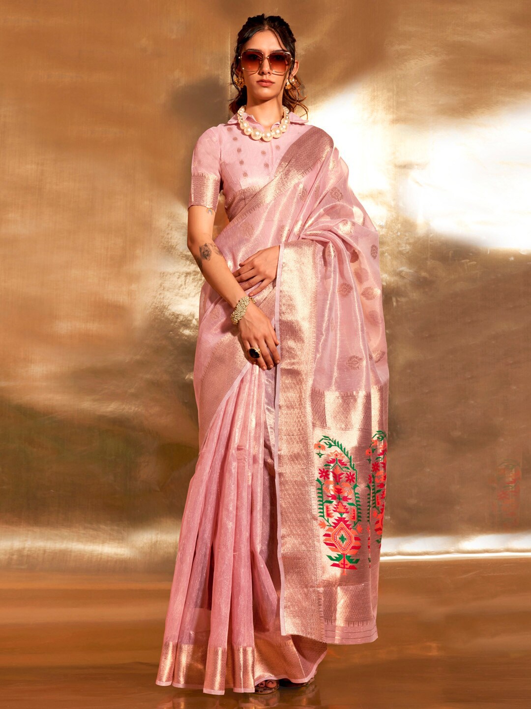 

Mitera Woven Design Zari Tissue Banarasi Saree, Pink