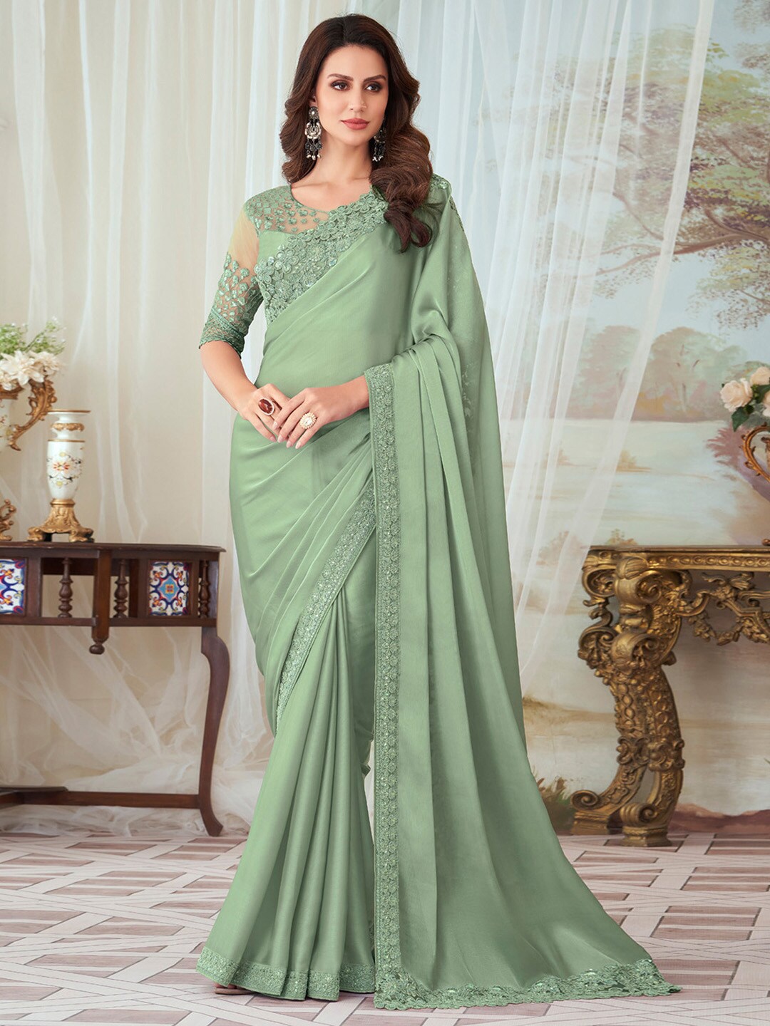 

Mitera Sequinned Silk Blend Saree, Green