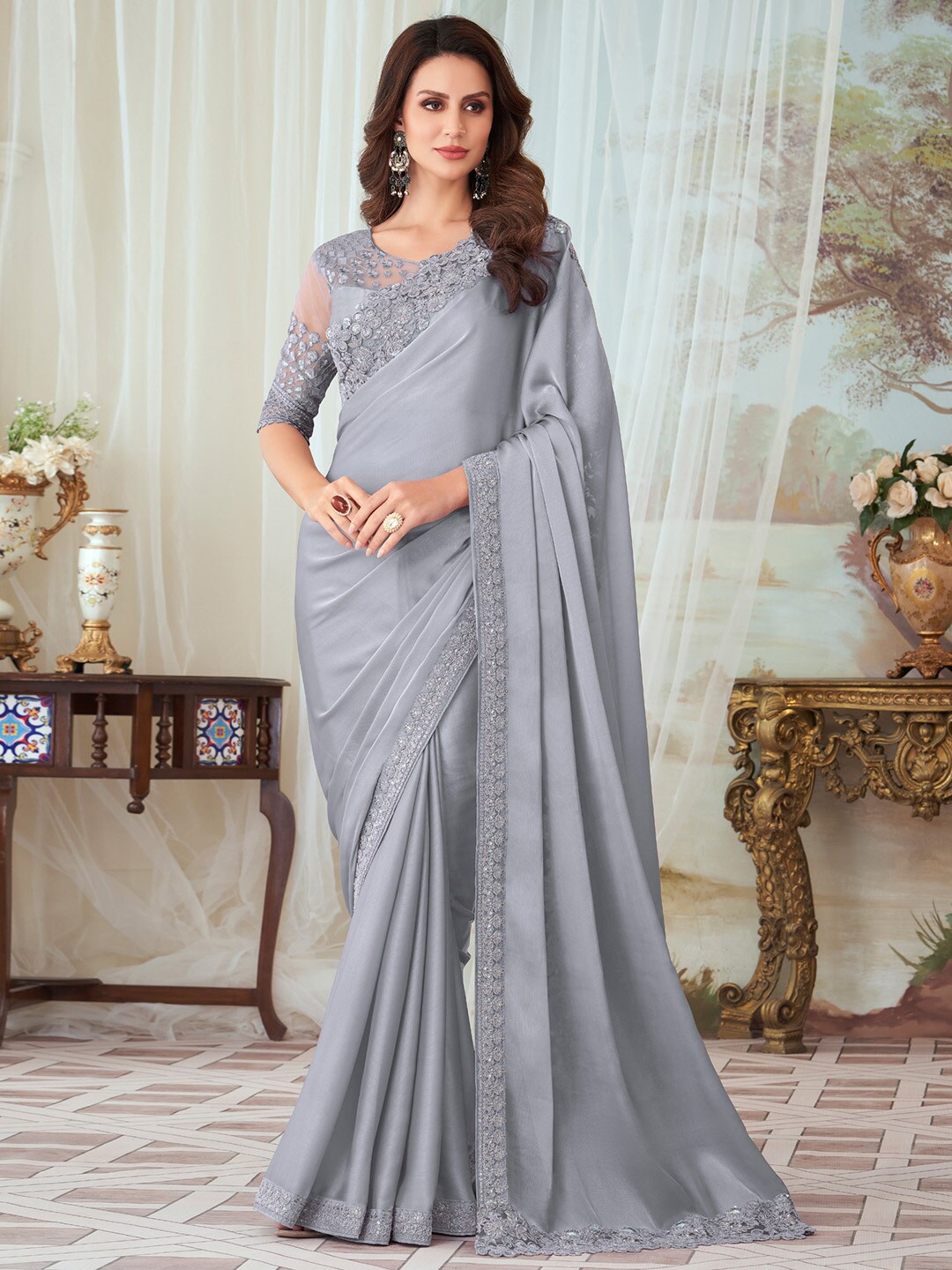 

Mitera Ethnic Embellished Saree, Grey