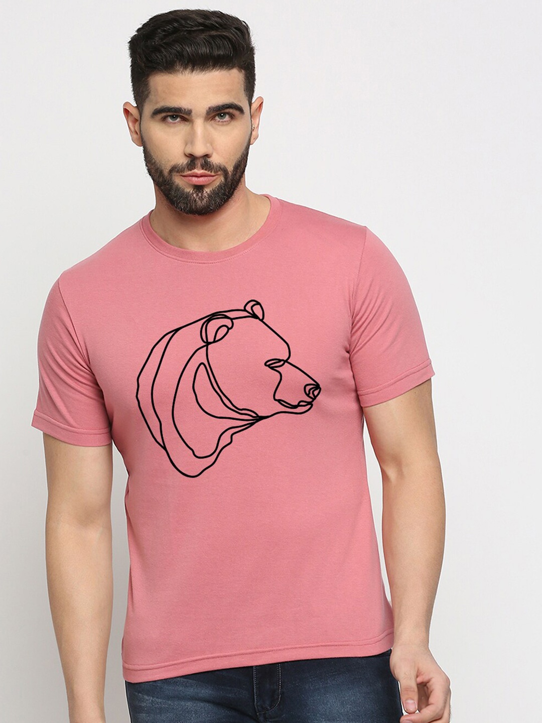

MOD ECRU Minimal Bear Printed Round Neck Cotton T-shirt, Pink