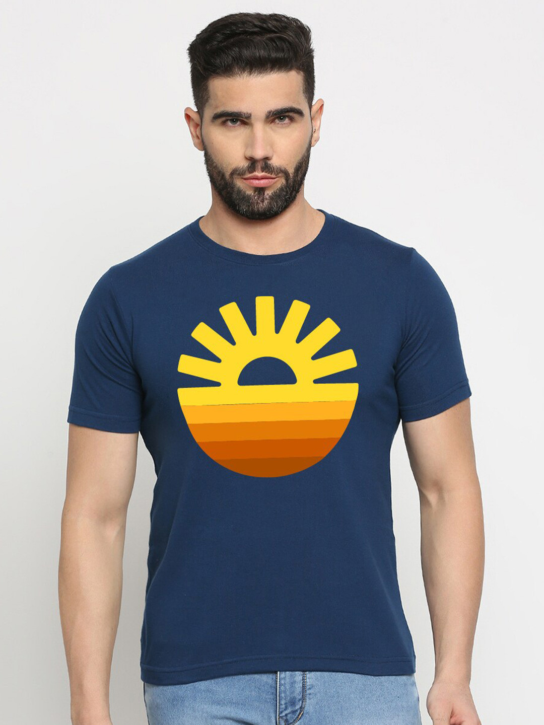

MOD ECRU Sunset Printed Round Neck Cotton T-shirt, Blue