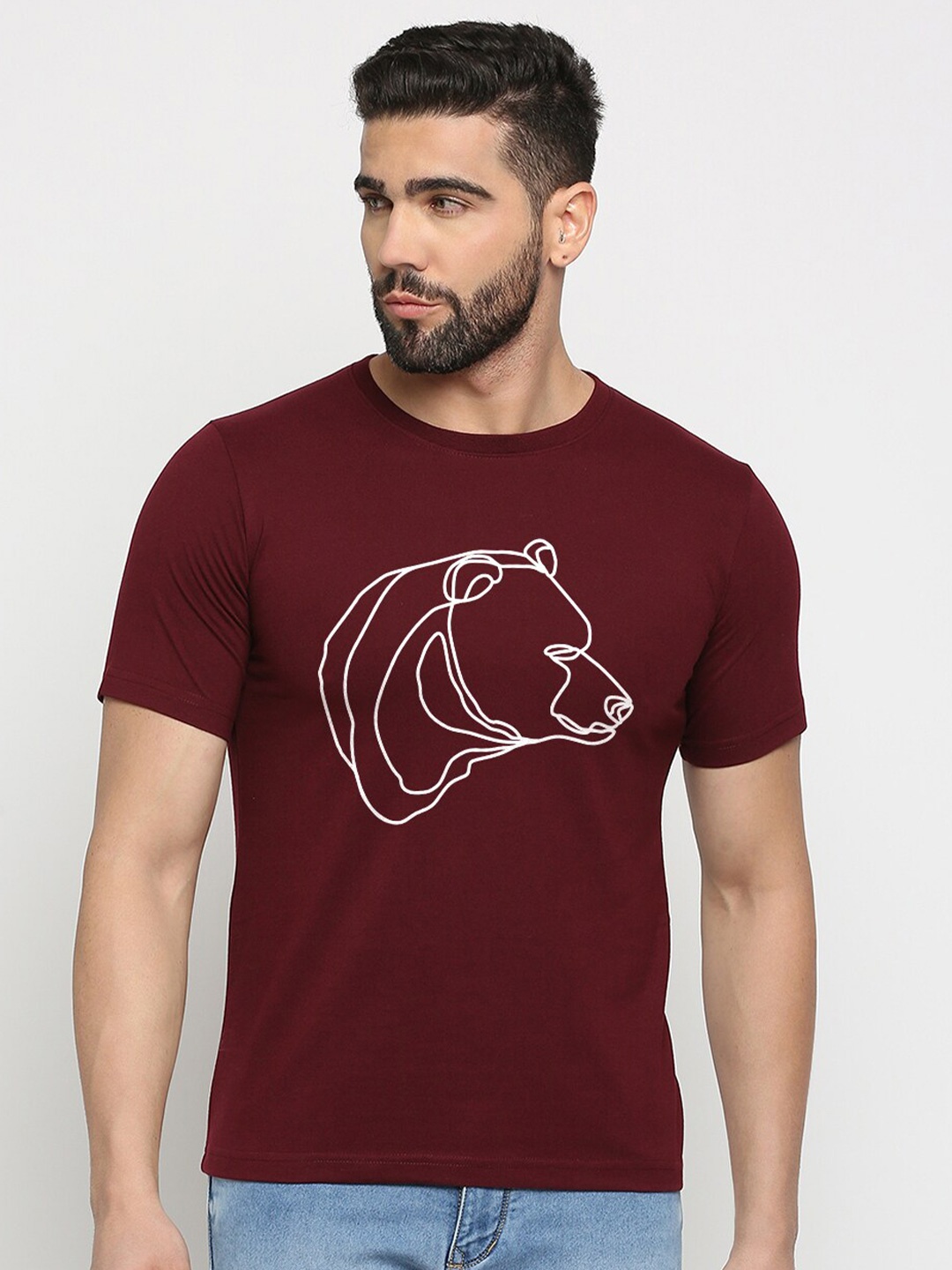 

MOD ECRU Minimal Bear Printed Round Neck Cotton T-shirt, Maroon