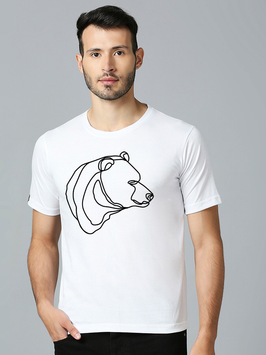 

MOD ECRU Minimal Bear Printed Round Neck Cotton T-shirt, White