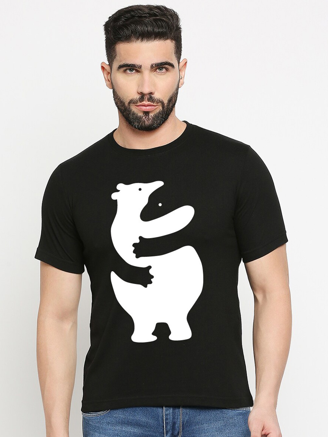 

MOD ECRU Bear Hugging Printed Round Neck Cotton T-shirt, Black