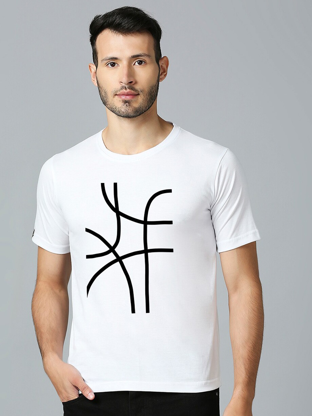

MOD ECRU Minimal Lines Printed Round Neck Cotton T-shirt, White