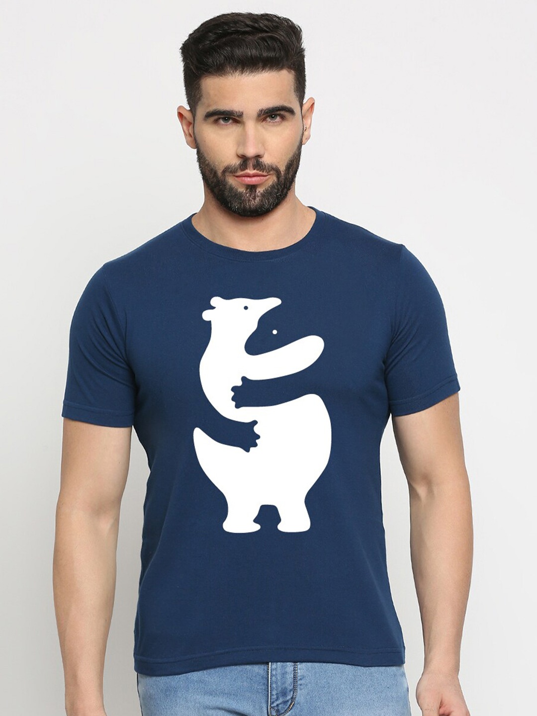 

MOD ECRU Bear Hugging Printed Round Neck Cotton T-shirt, Blue