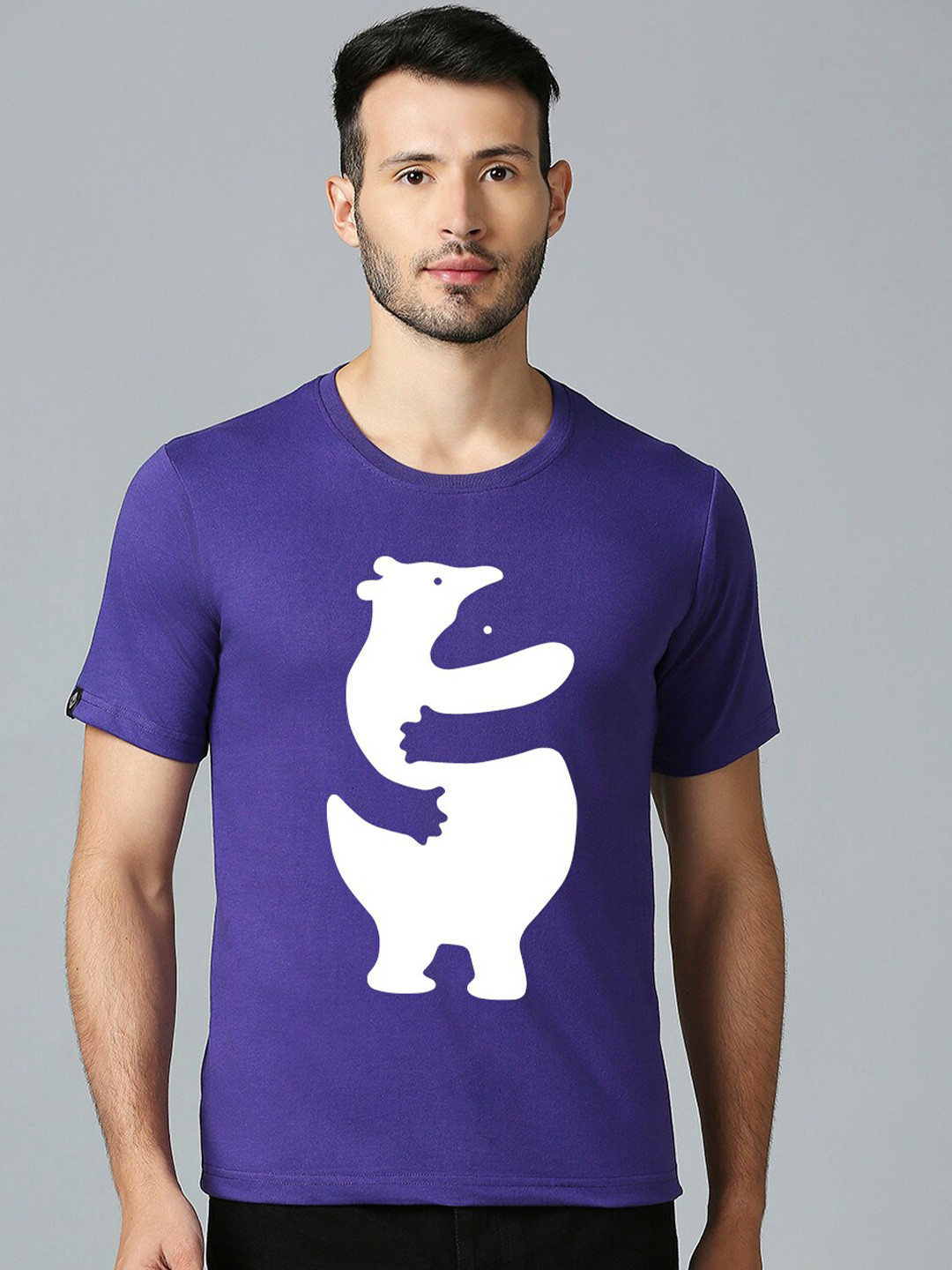 

MOD ECRU Bear Hugging Printed Round Neck Cotton T-shirt, Purple