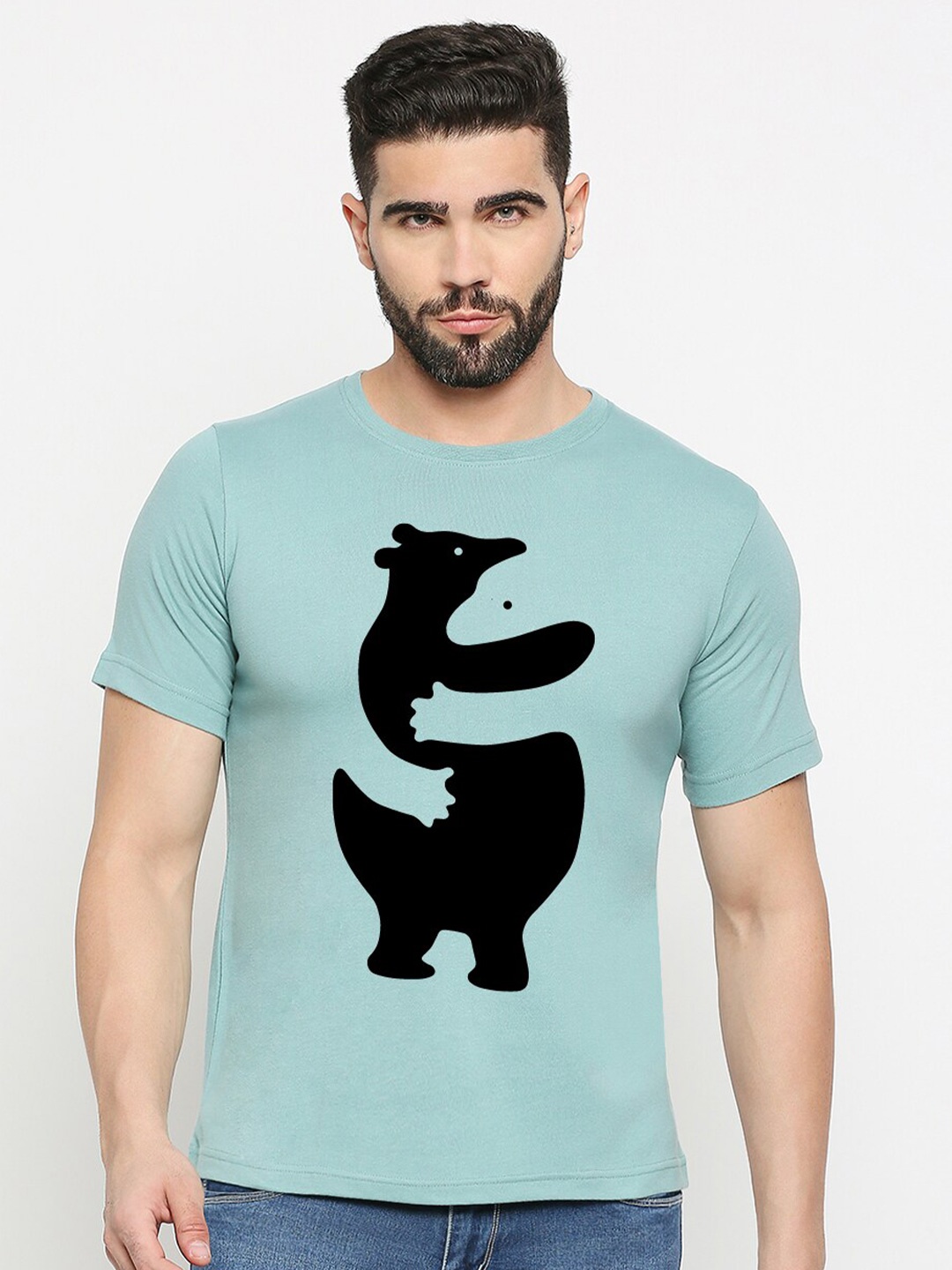 

MOD ECRU Bear Hugging Printed Round Neck Cotton T-shirt, Green