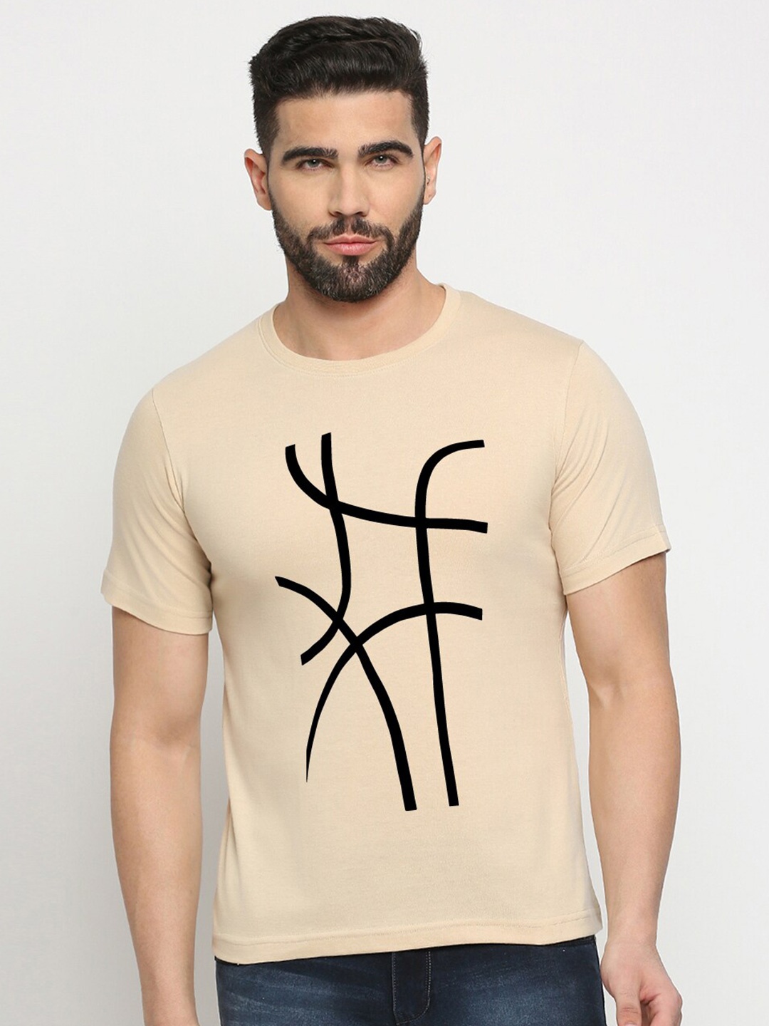 MOD ECRU Minimal Lines Printed Round Neck Cotton T-shirt, Cream
