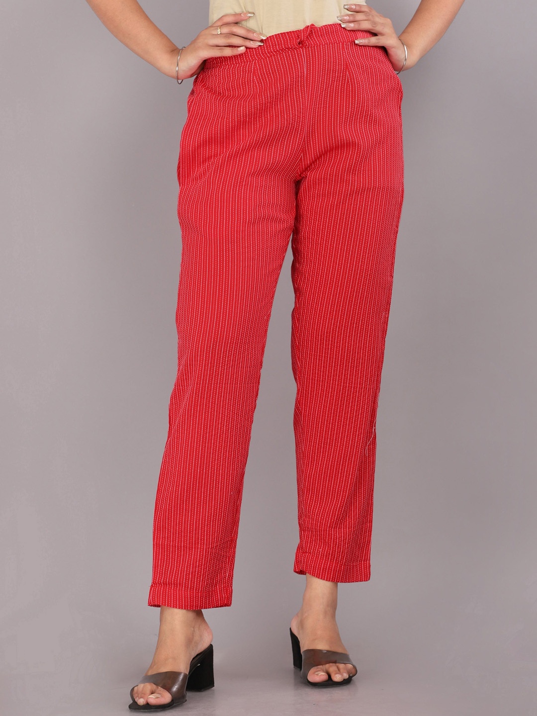 

KANNAHI Women Mid-Rise Striped Pure Cotton Trouser, Red
