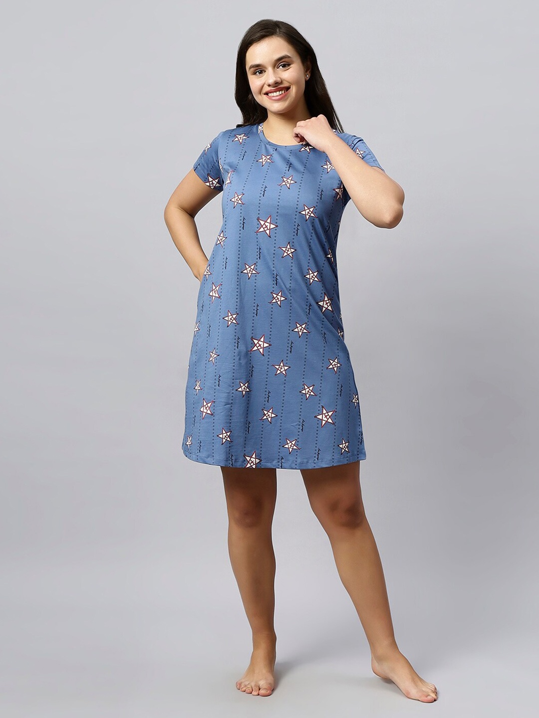 

QUIRA Stars Printed Nightdress, Blue