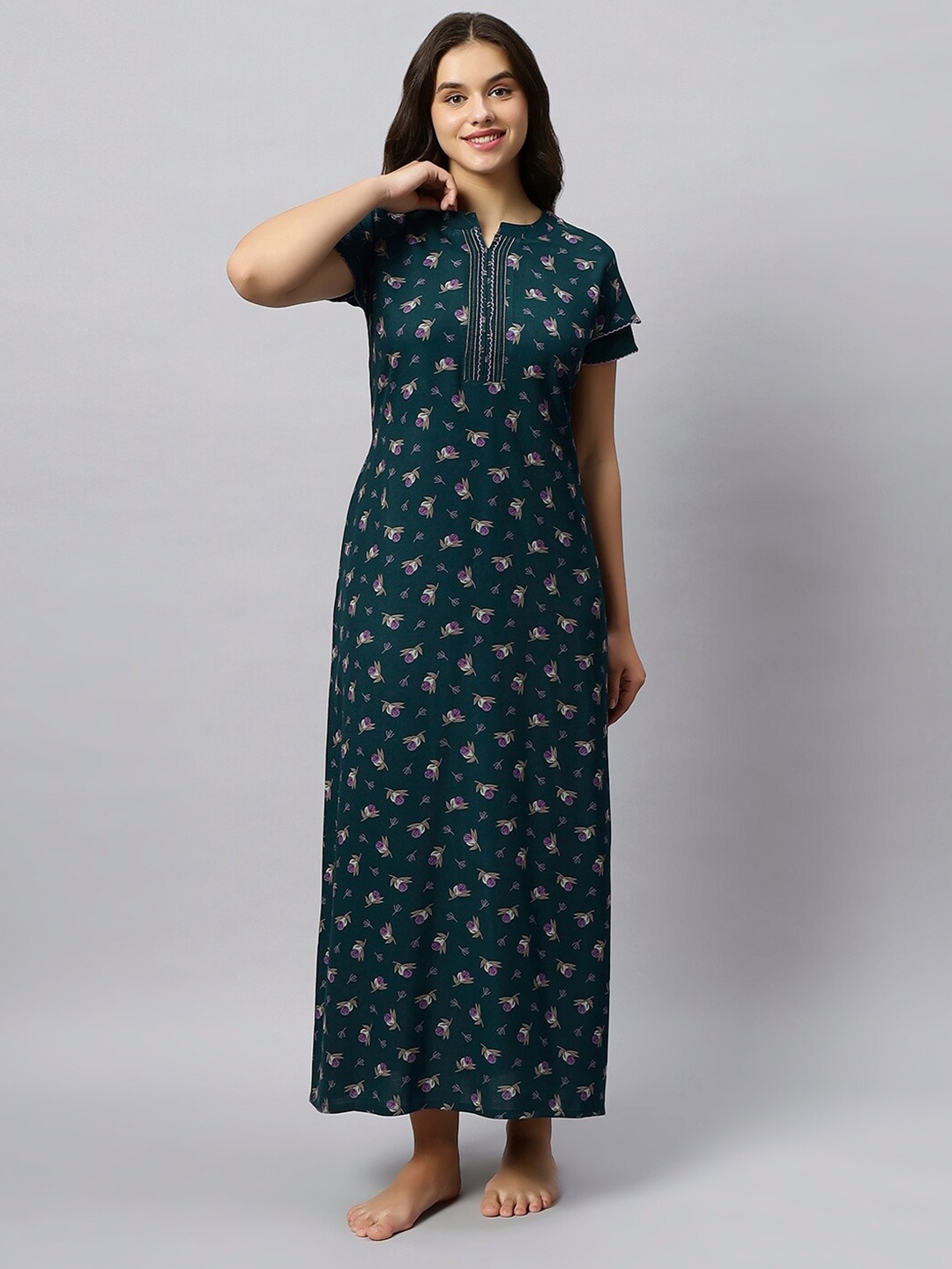 

QUIRA Floral Printed Maxi Nightdress, Green