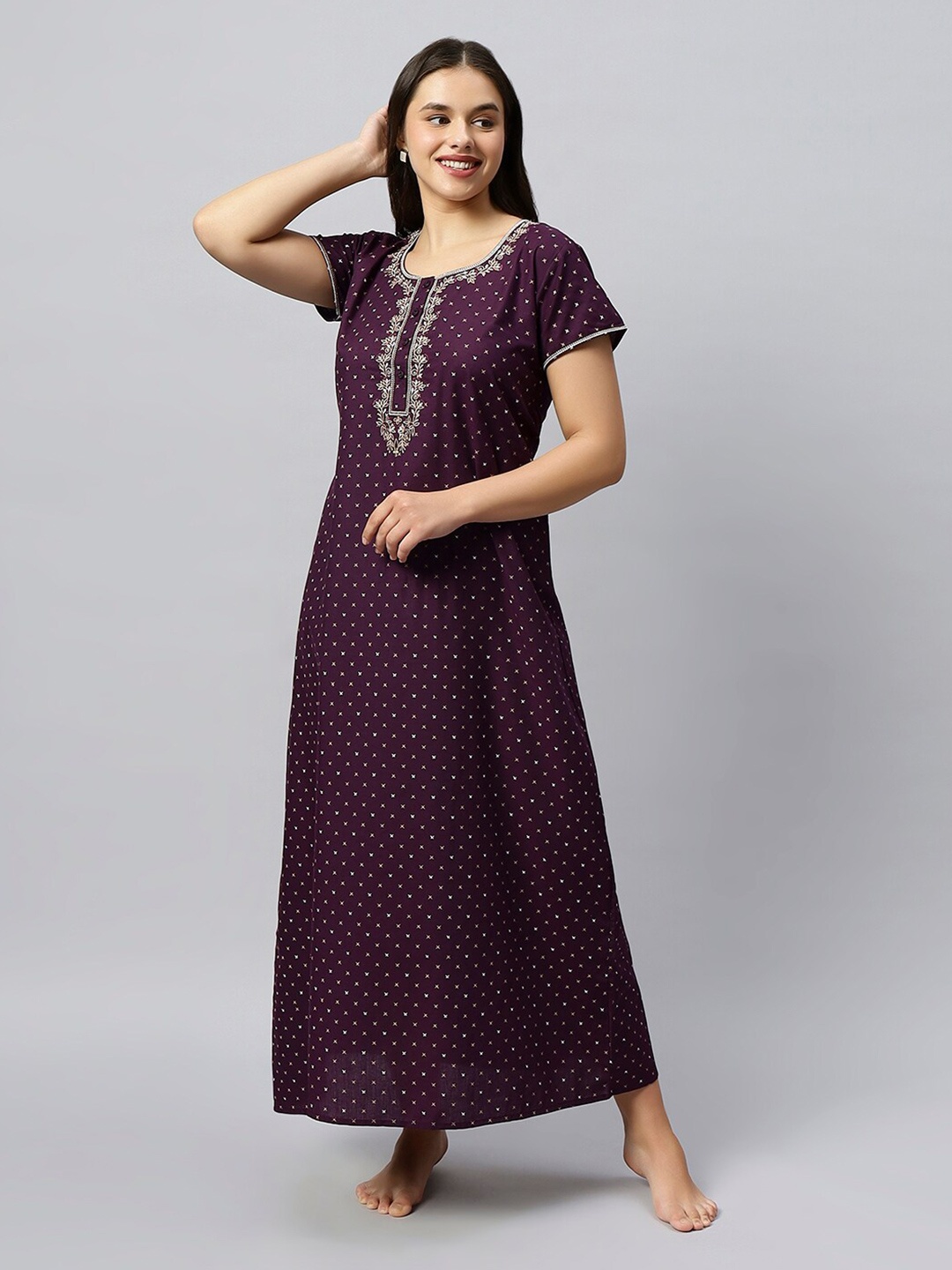 

QUIRA Floral Printed Embroidered Maxi Nightdress, Burgundy