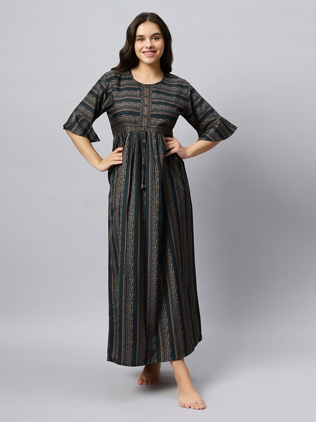 

QUIRA Ethnic Printed Maxi Nightdress, Green