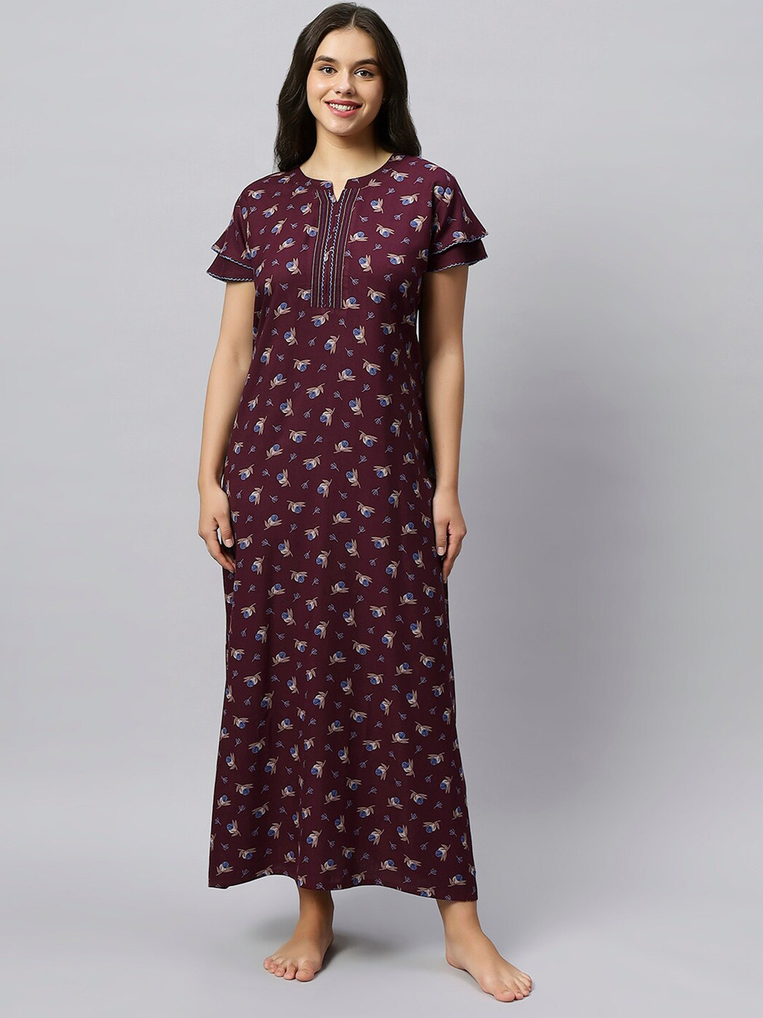 

QUIRA Floral Printed Maxi Nightdress, Burgundy