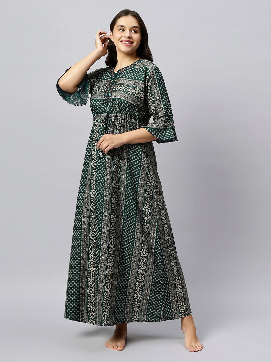 

QUIRA Floral Printed Embroidered Maxi Nightdress, Green