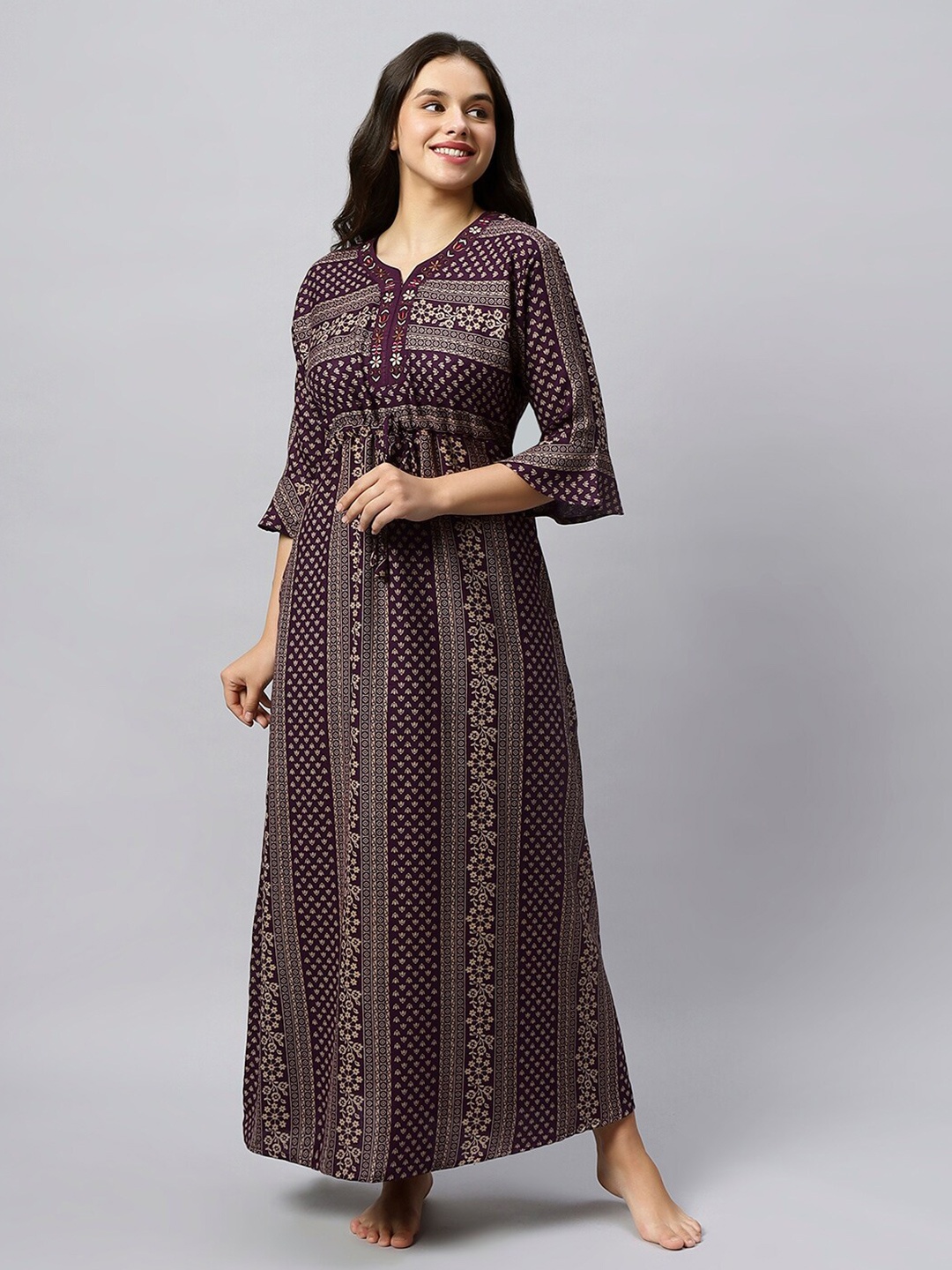 

QUIRA Ethnic Printed Maxi Nightdress, Maroon