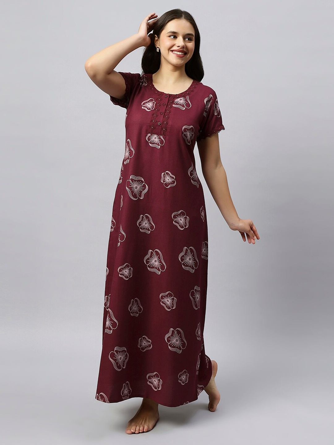 

QUIRA Floral Printed Maxi Nightdress, Maroon