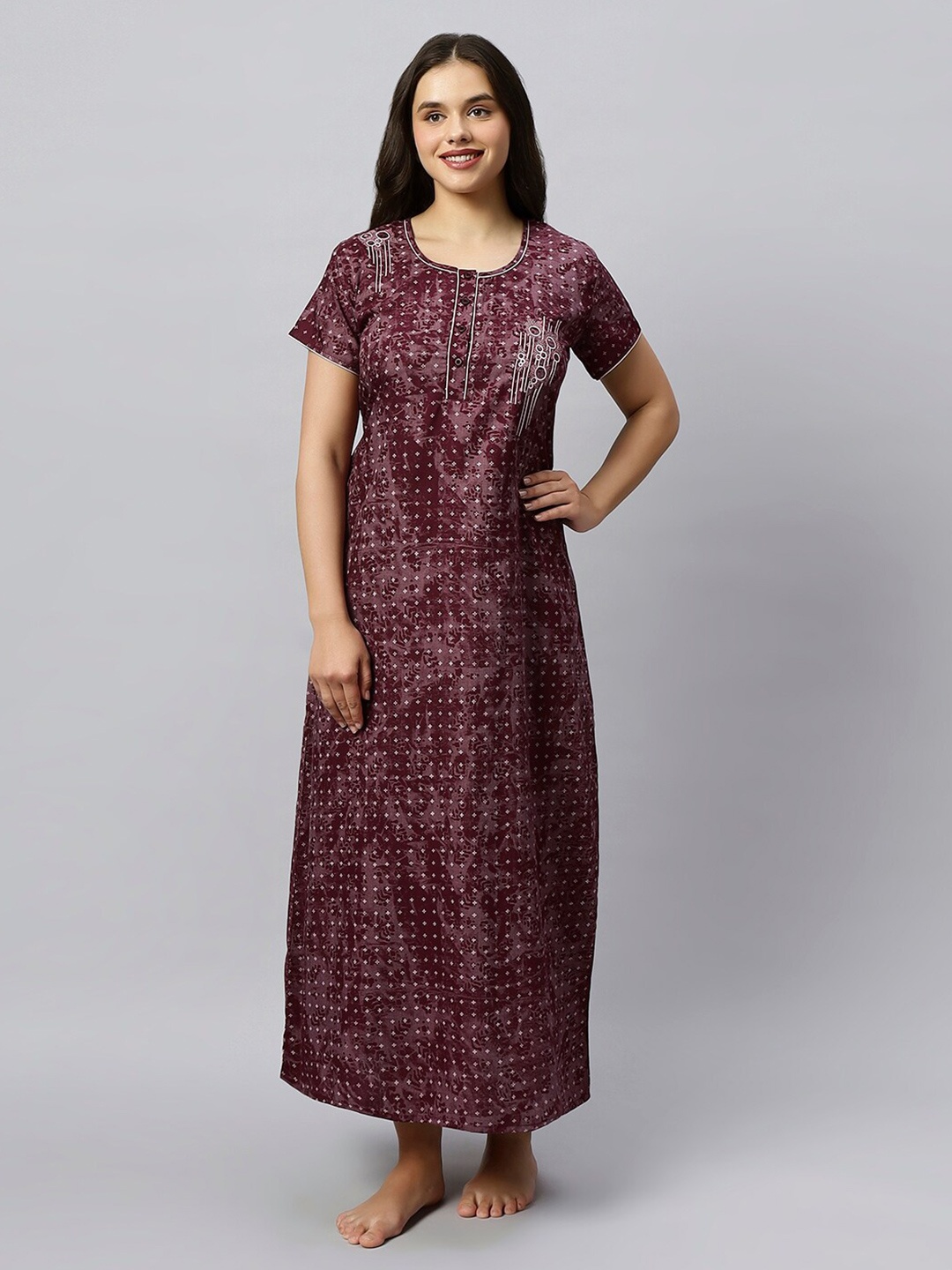 

QUIRA Ethnic Printed Maxi Nightdress, Maroon