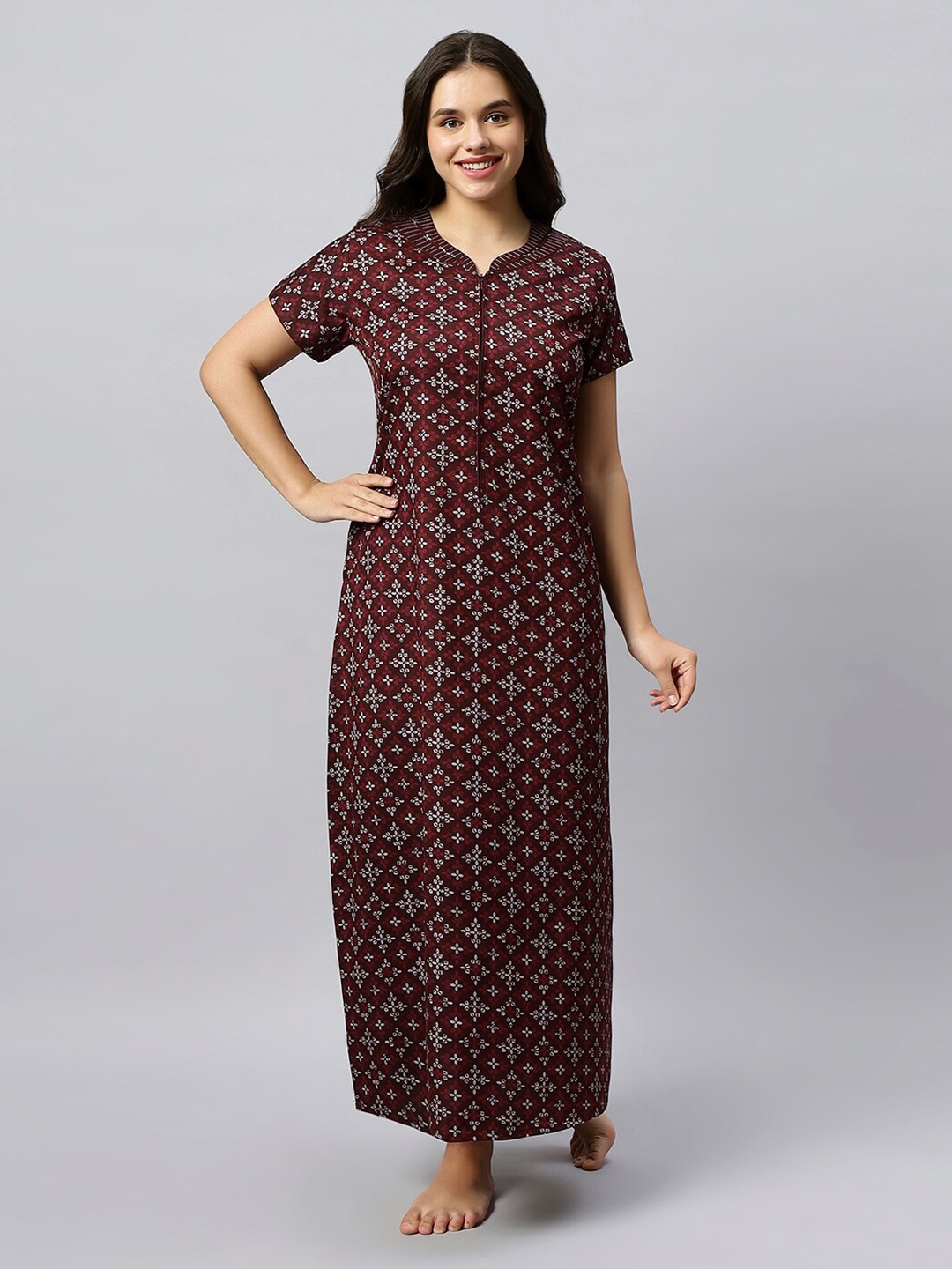 

QUIRA Ethnic Printed Maxi Nightdress, Maroon