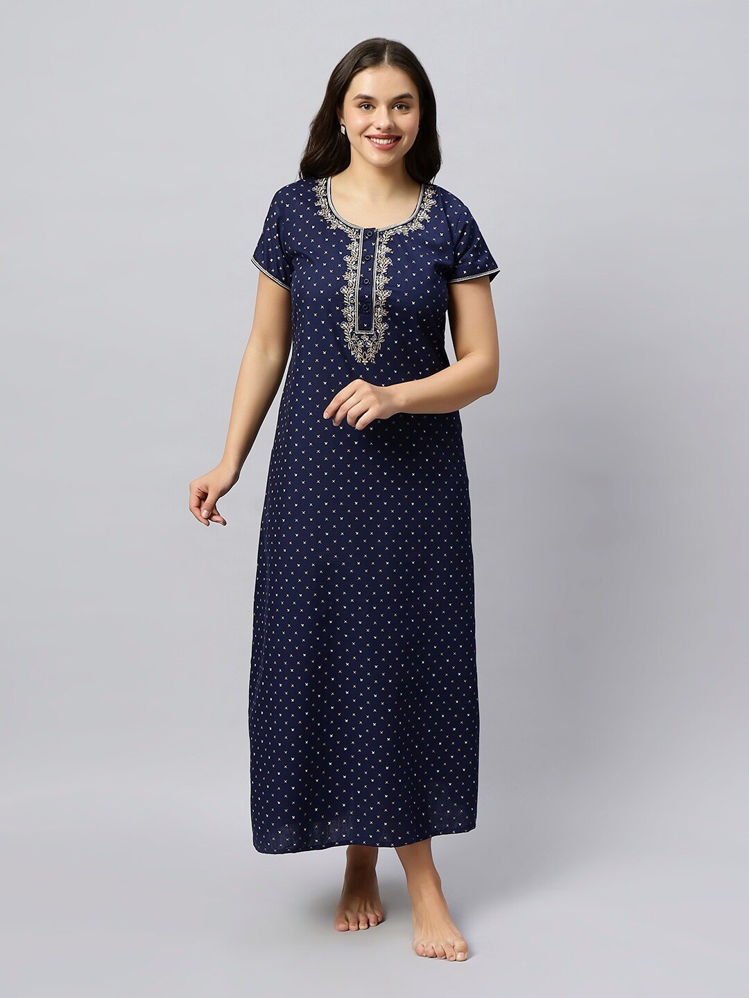

QUIRA Conversational Printed Embroidered Maxi Nightdress, Blue