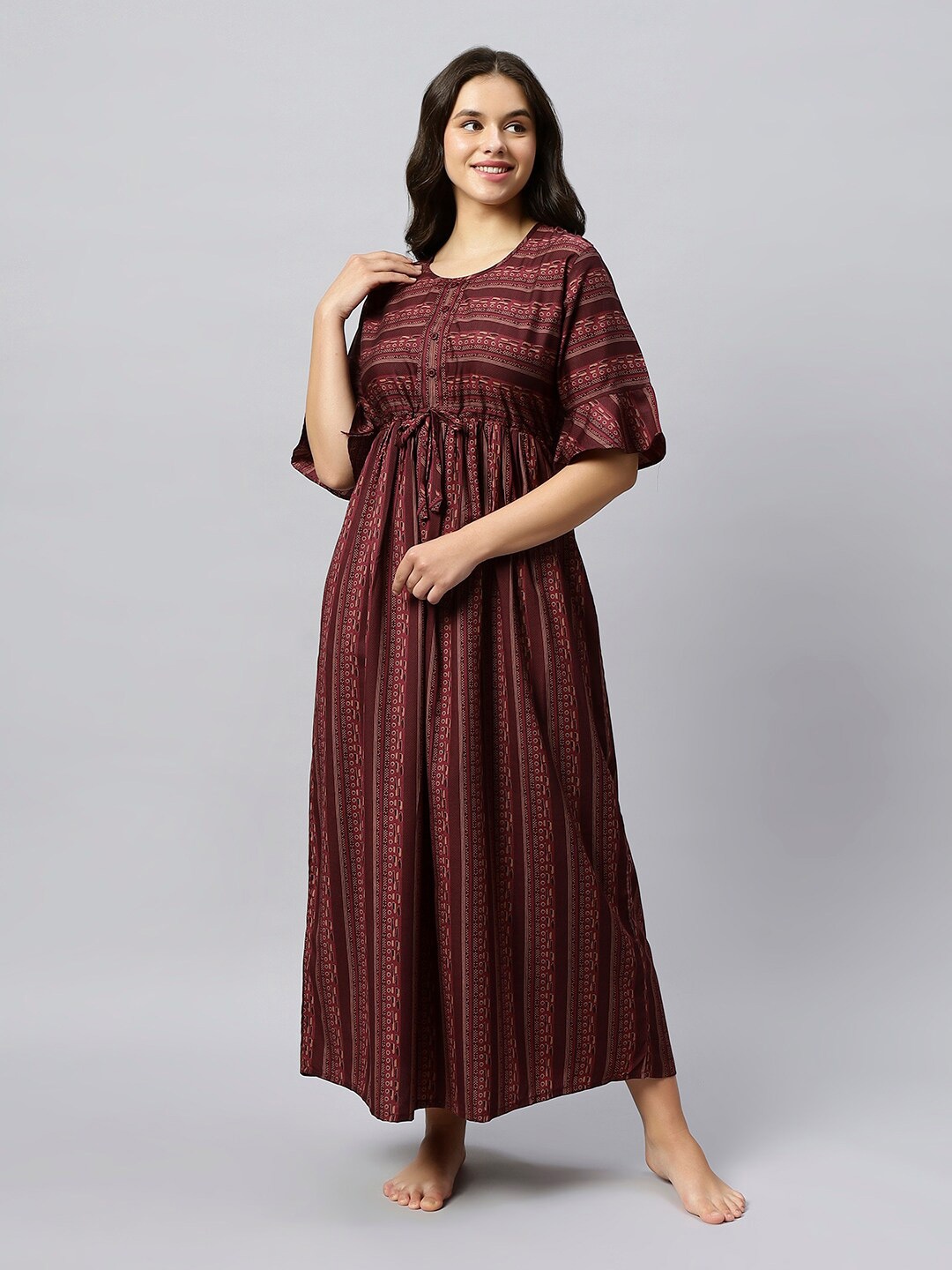 

QUIRA Ethnic Printed Maxi Nightdress, Maroon