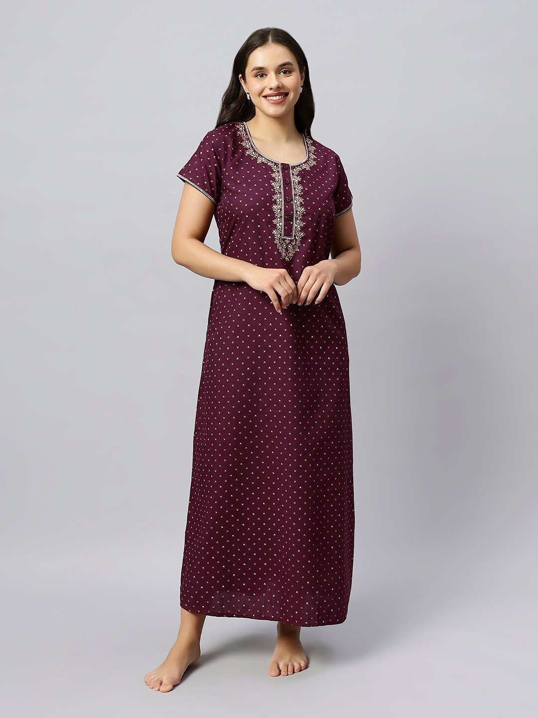 

QUIRA Printed Women Maxi Nightdress, Purple