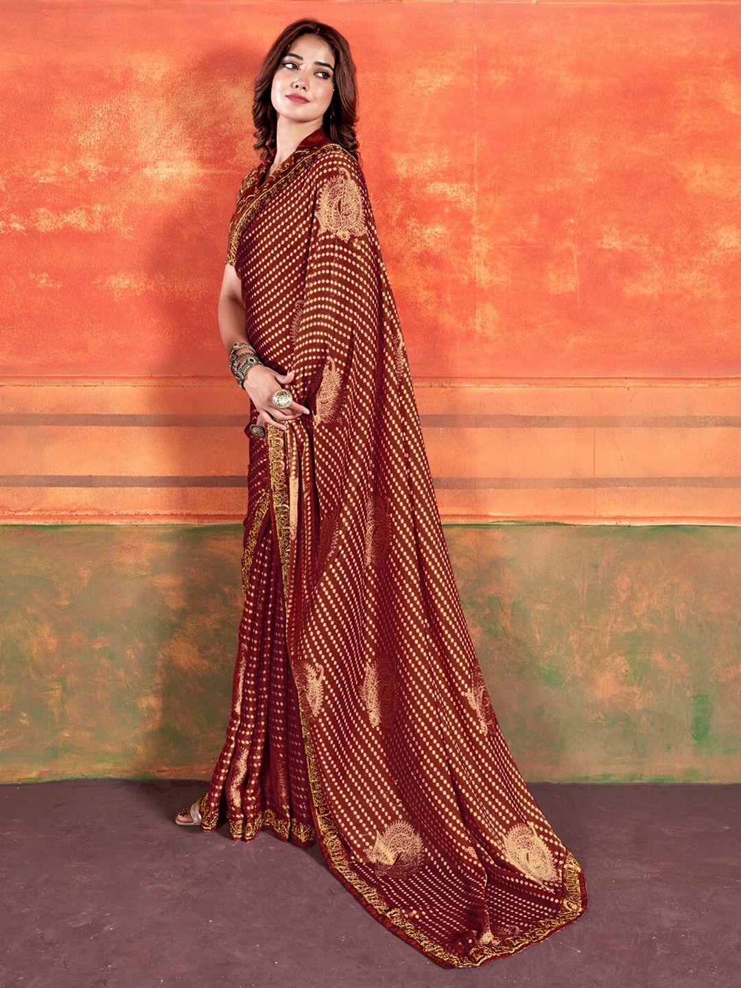 

Saree mall Brown Bandhani Pure Chiffon Sarees