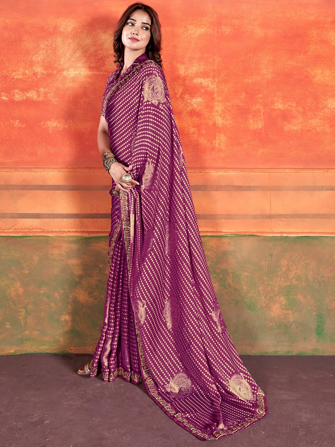 

Saree mall Bandhani Embroidered Pure Chiffon Saree, Purple