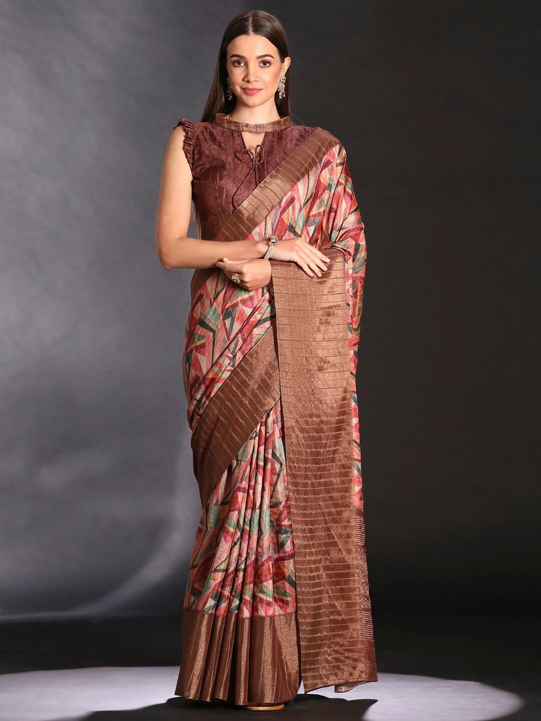 

Saree mall Abstract Printed Saree, Brown