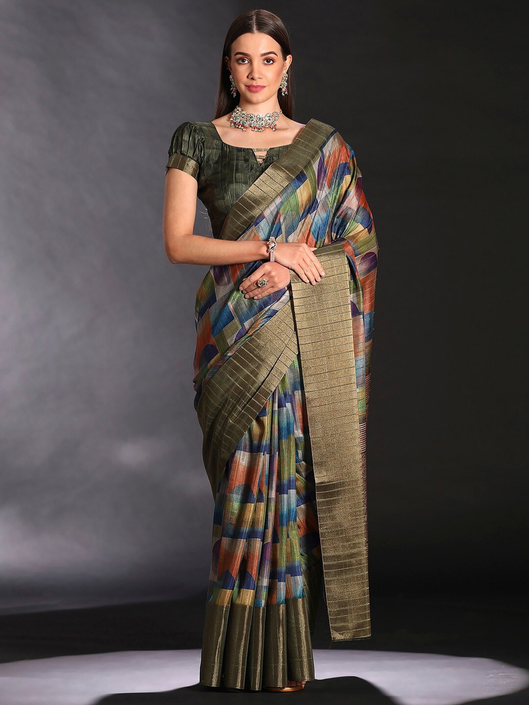 

Saree mall Geometric Printed Sarees, Olive