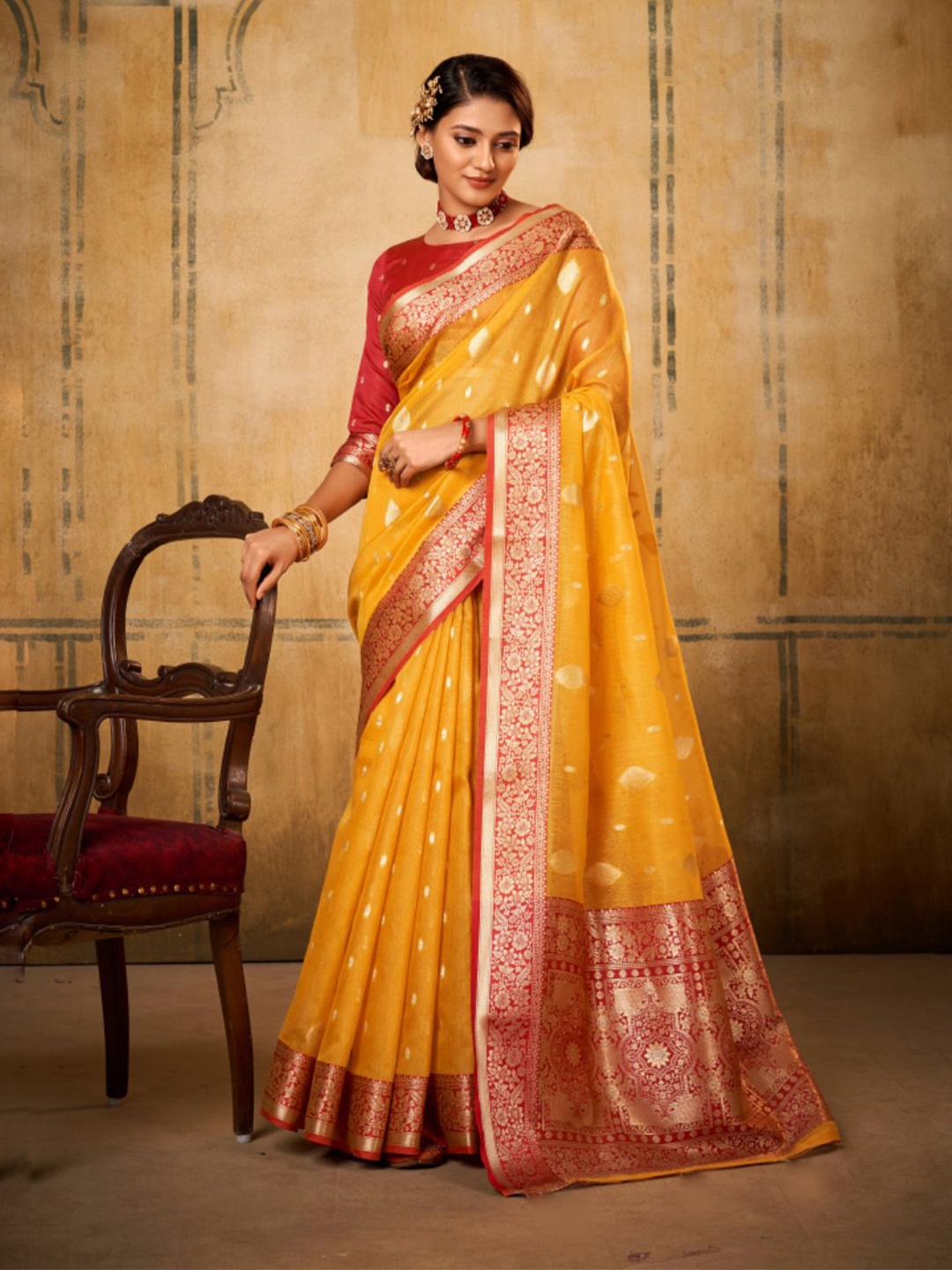 

NK Textiles Ethnic Motifs Woven Design Tissue Zari Saree, Yellow