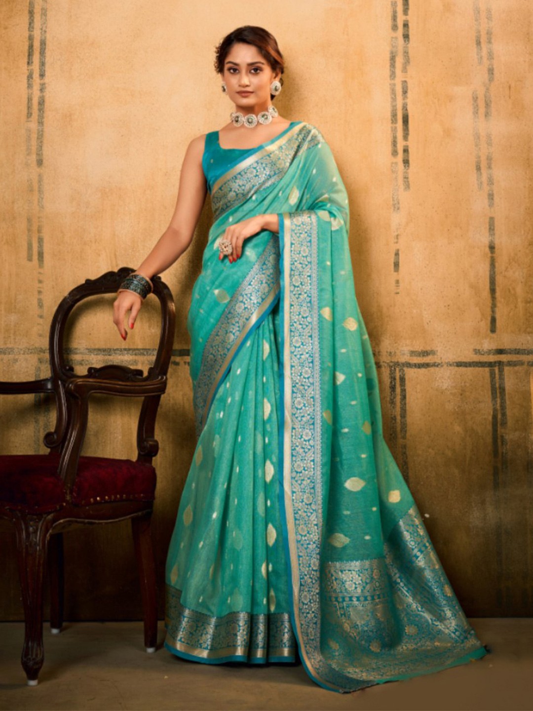 

NK Textiles Ethnic Motifs Woven Design Zari Tissue Saree, Sea green