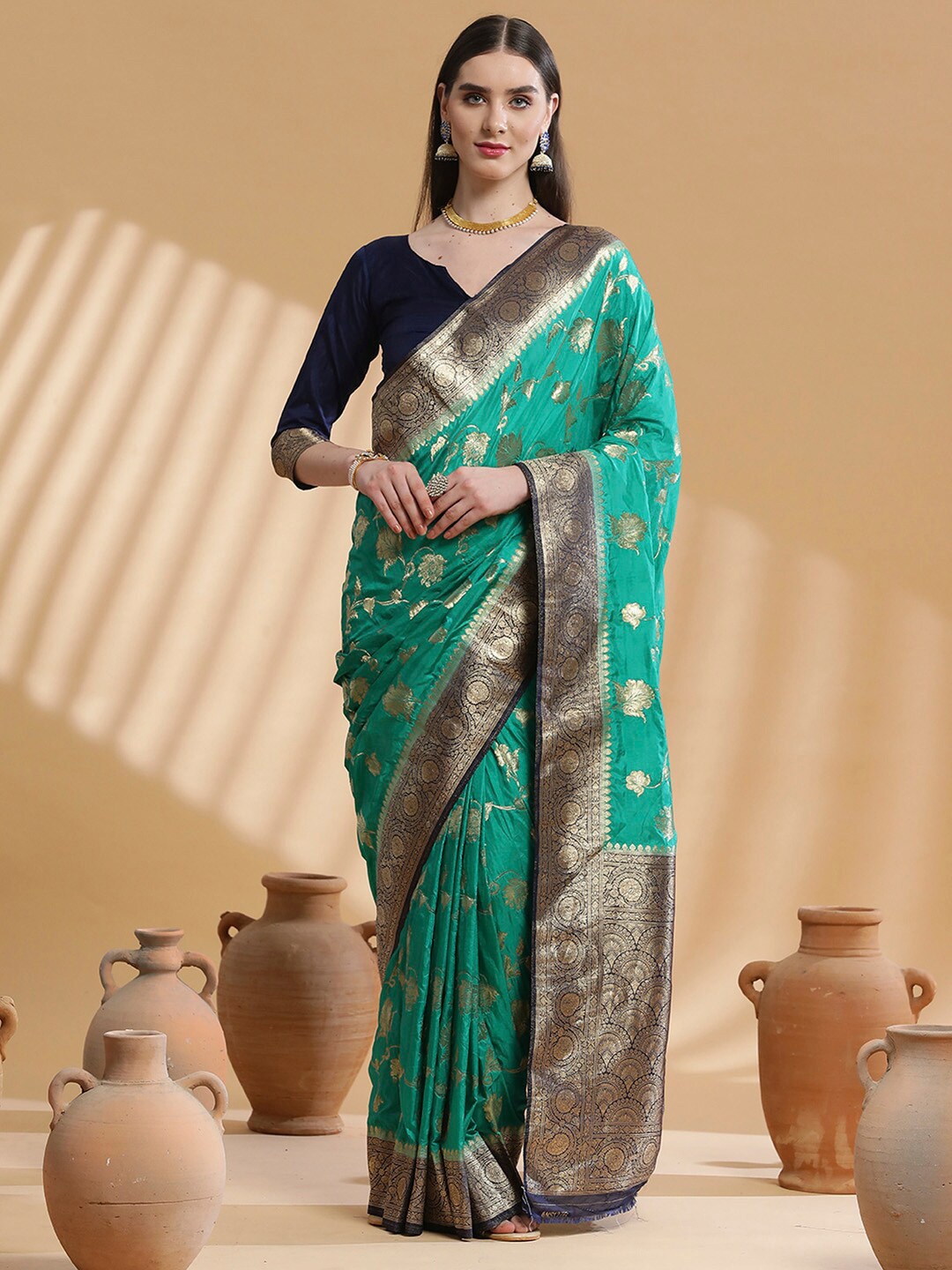 

Saree mall Ethnic Motifs Woven Design Zari Sarees, Teal