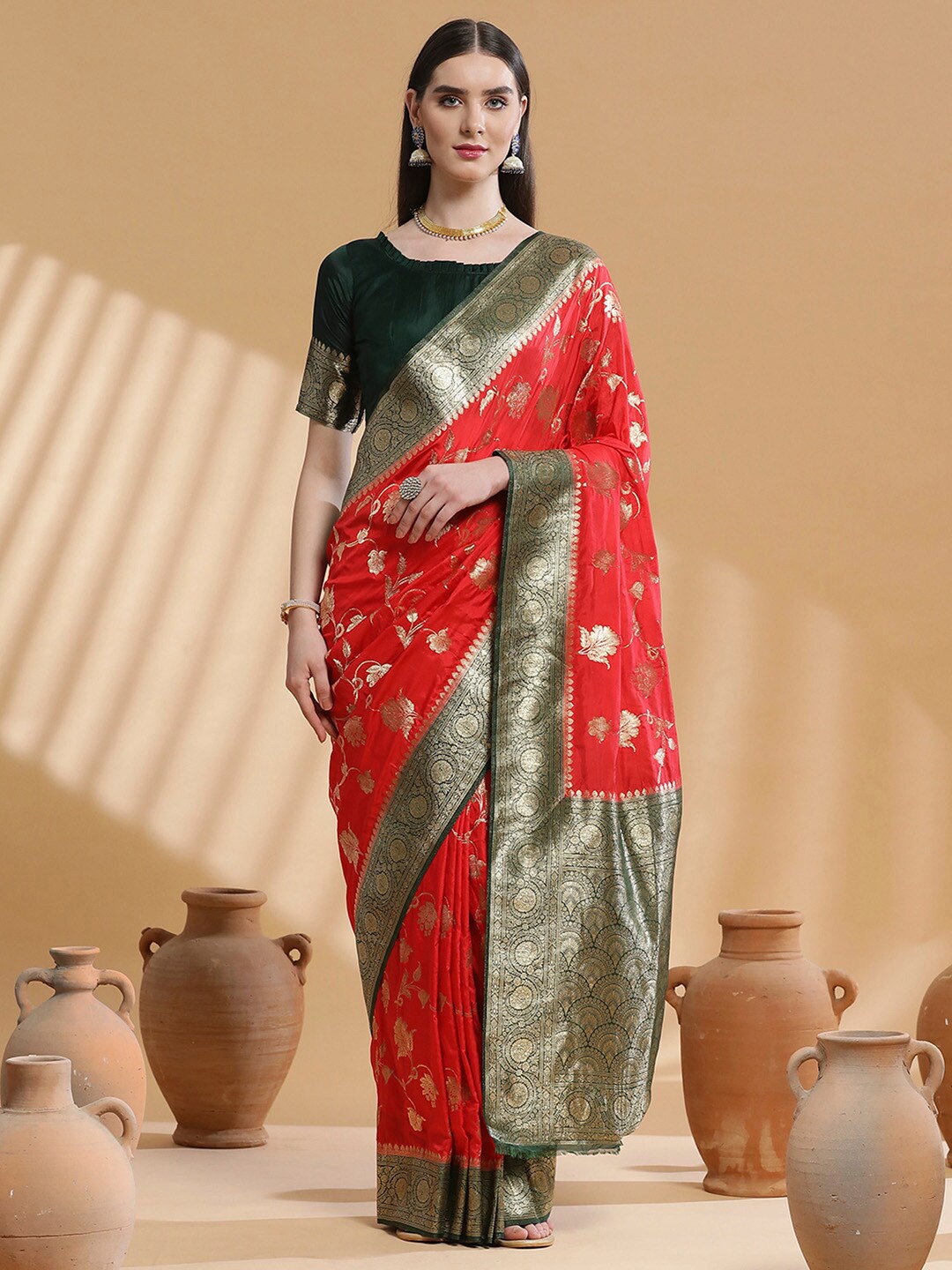 

Saree mall Ethnic Motifs Woven Design Zari Sarees, Red