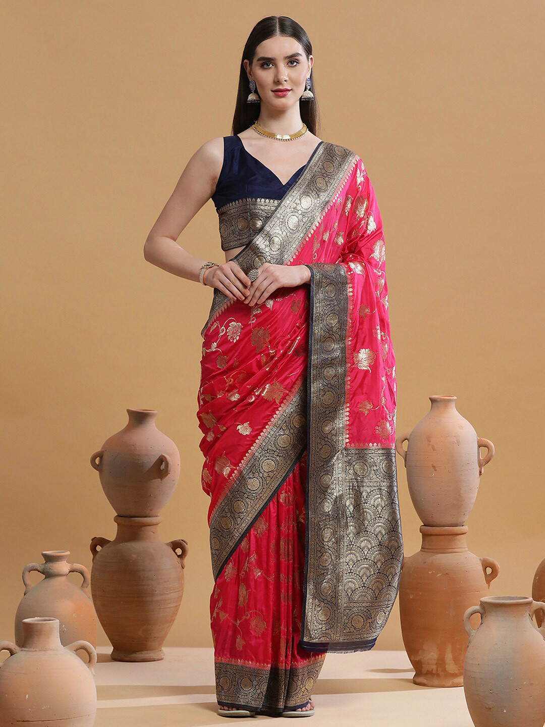 

Saree mall Ethnic Motifs Woven Design Zari Sarees, Pink