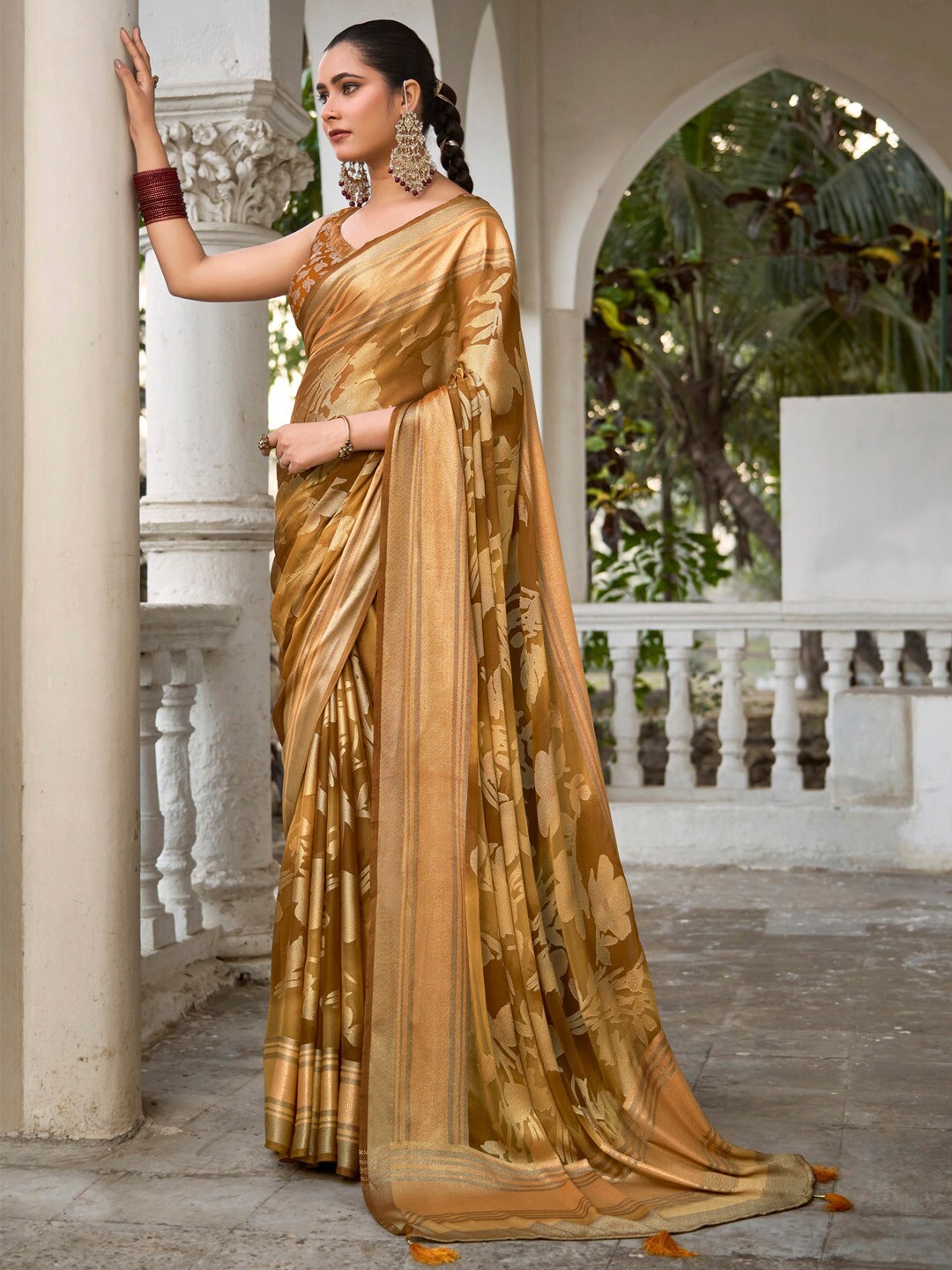 

Saree mall Floral Woven Design Zari Sarees, Camel brown
