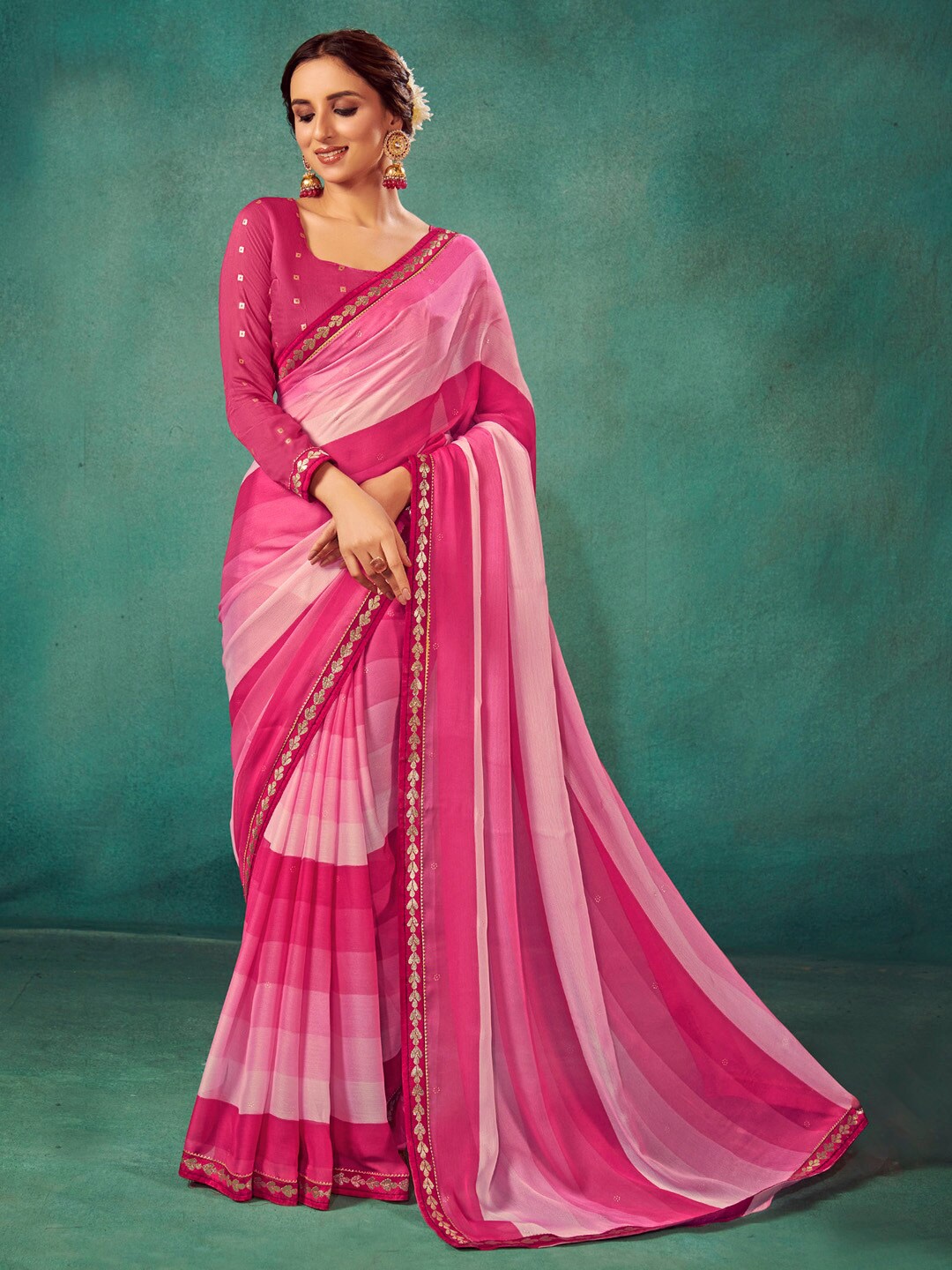 

Saree mall Striped Gotta Patti Poly Chiffon Sarees, Pink