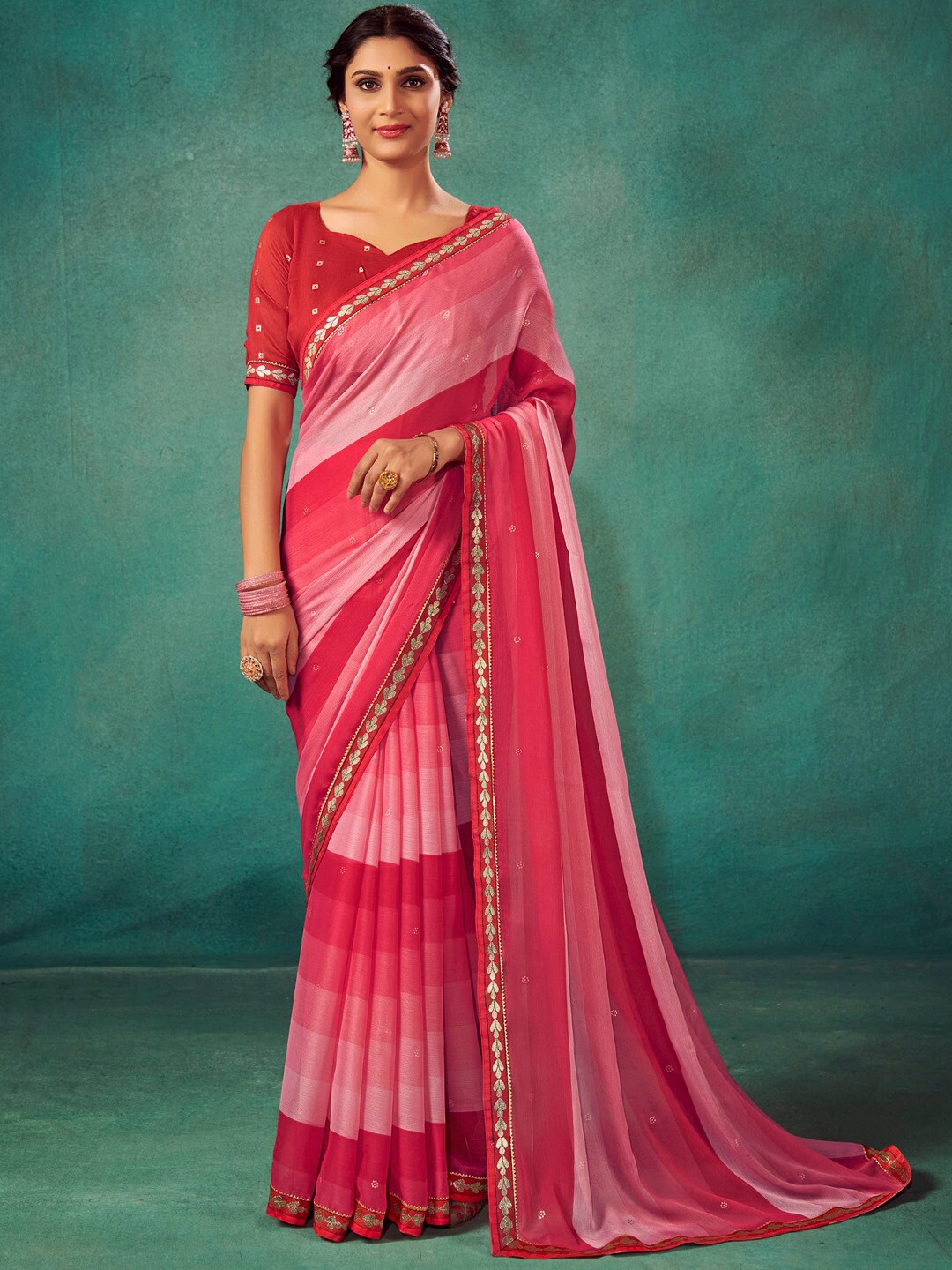 

Saree mall Striped Poly Chiffon Saree, Pink