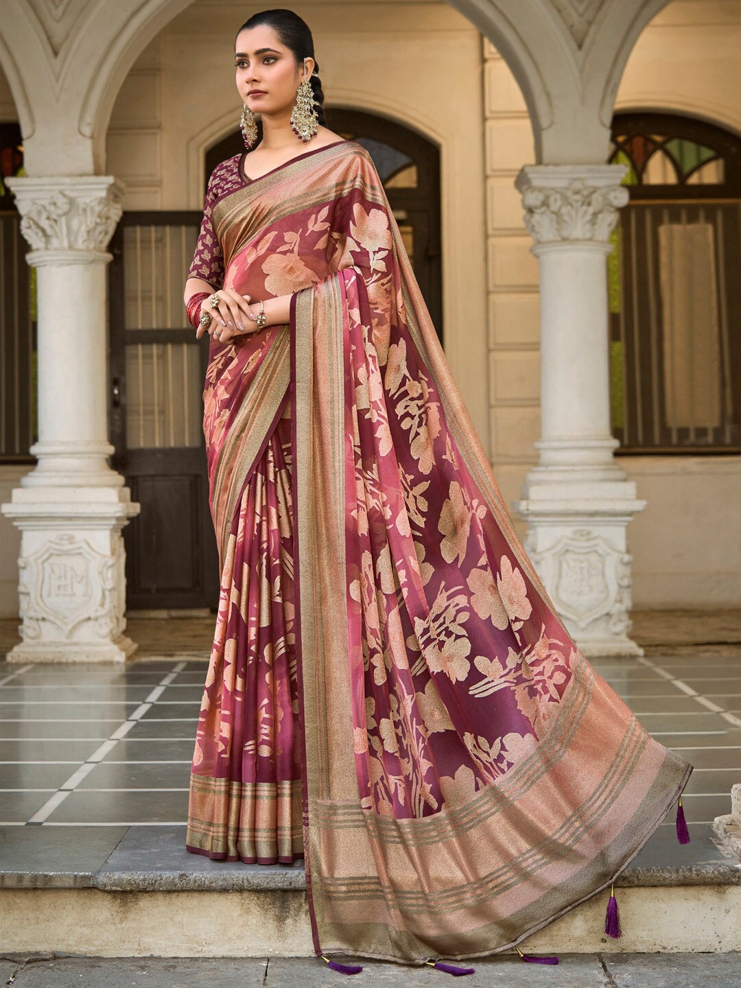 

Saree mall Ethnic Motifs Printed Brasso Saree, Burgundy