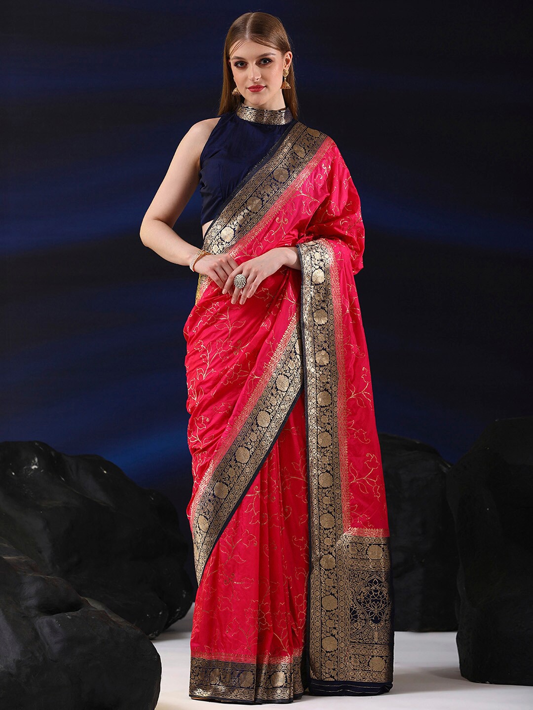 

Saree mall Floral Woven Design Zari Sarees, Pink