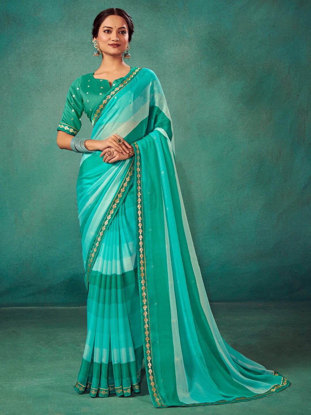 

Saree mall Striped Beads And Stones Embroidered Poly Chiffon Sarees, Teal