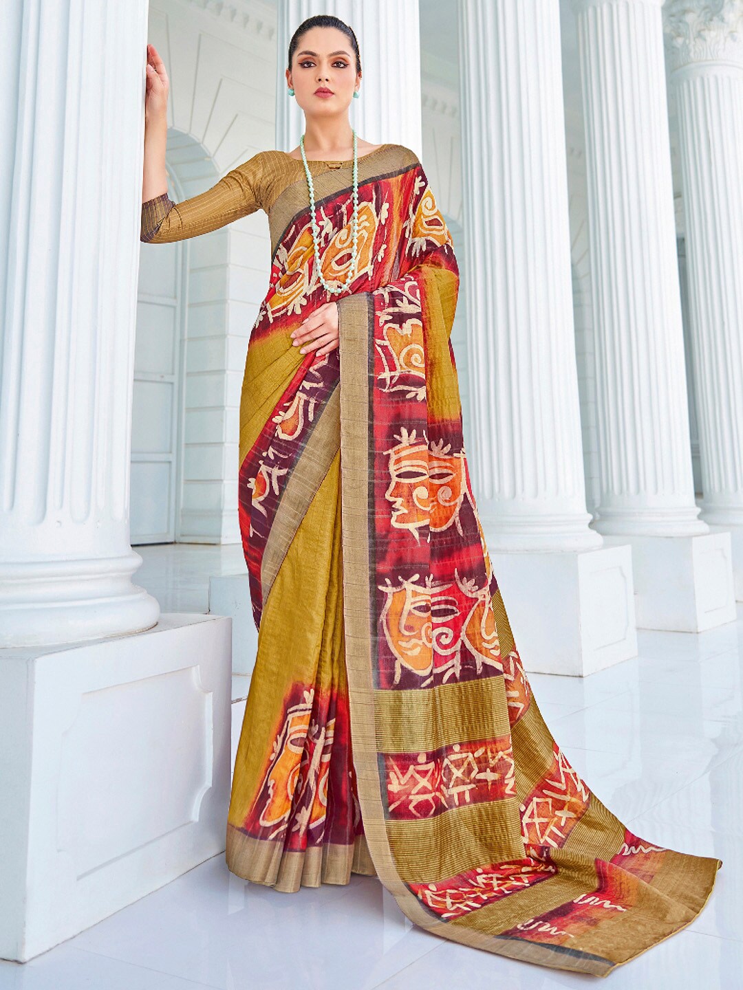 

Saree mall Ethnic Motifs printed Zari Sungudi Sarees, Olive