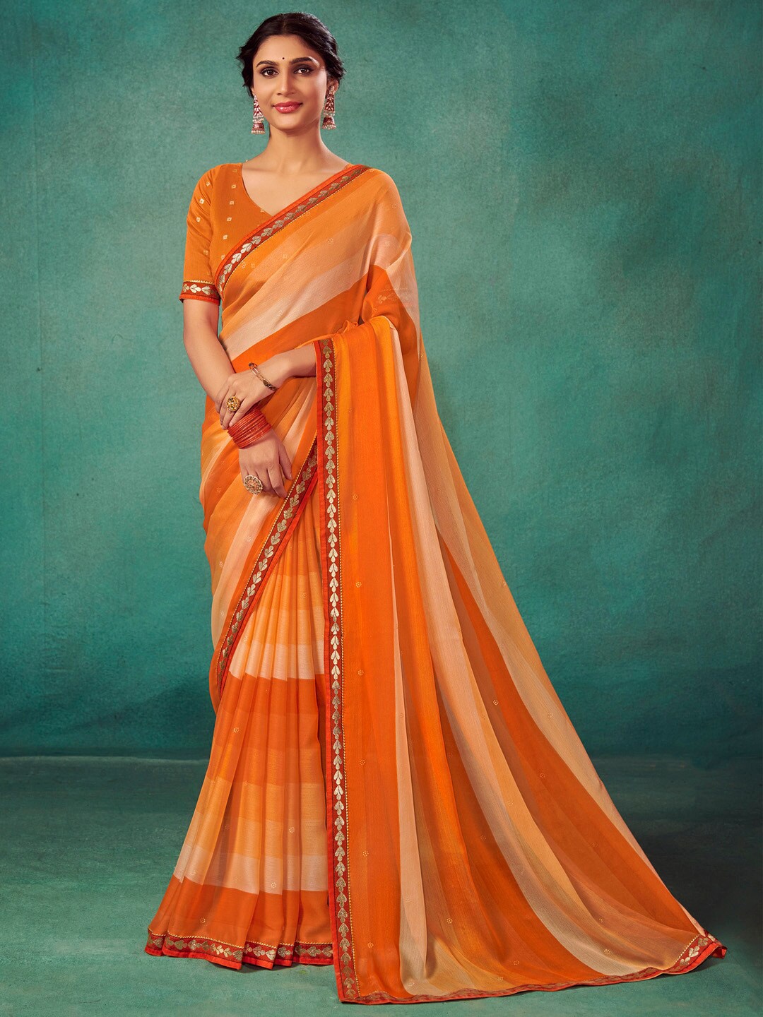 

Saree mall Striped Beads And Stones Embroidered Pure Chiffon Sarees, Orange