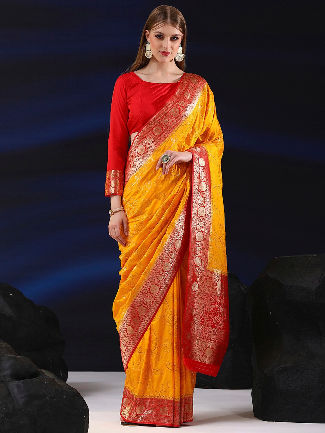 

Saree mall Floral Printed Zari Sarees, Yellow